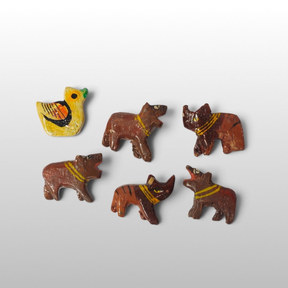 Folk Art Brown Wooden Animal Figurines Hand Painted 6pc Set Vintage Decor Tribal